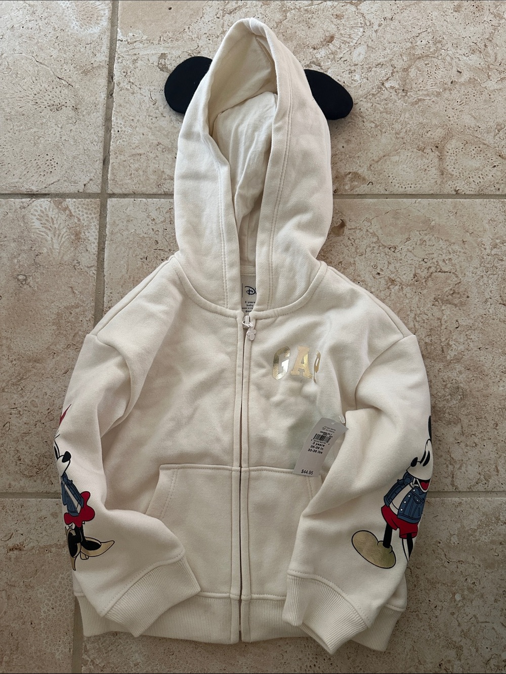 GAP Cream Kids' Zip Hoodie with Mickey Mouse Sleeve Prints